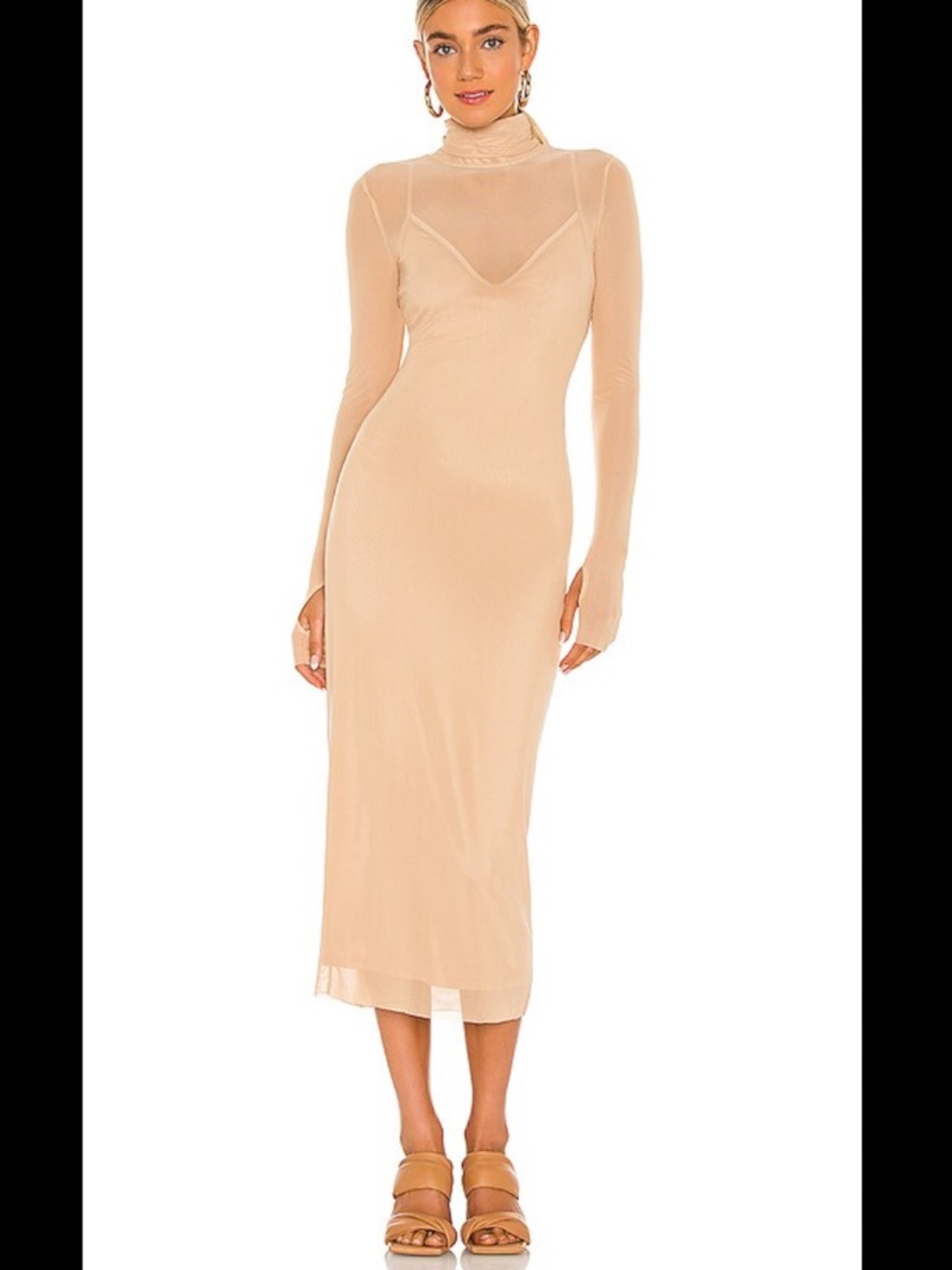 AFRM Shailene Nude Sheer Long-Sleeve Midi Dress